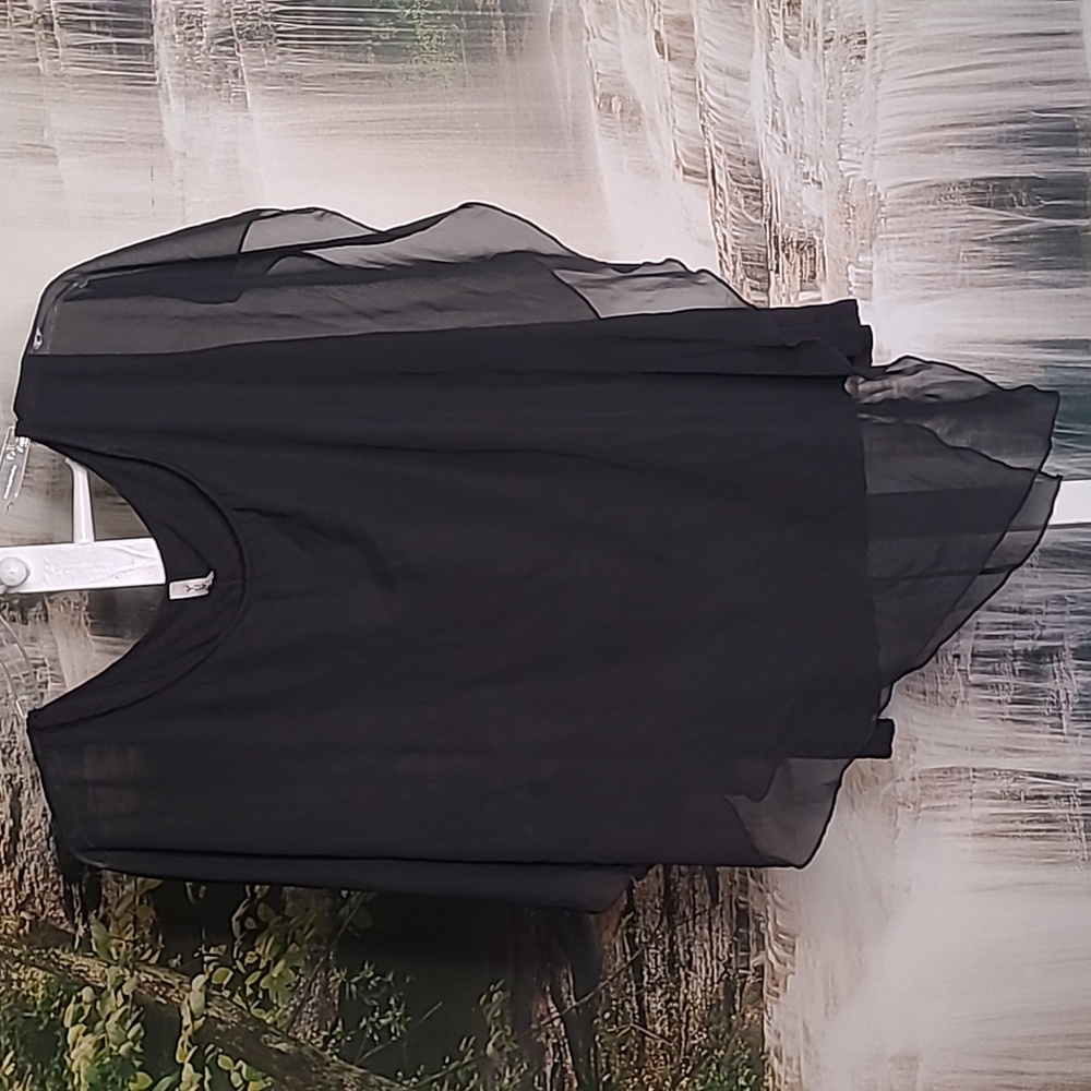 Yummy Plus Womens 3X Black Bat wing sleeve dressy sheer ruffle blouse with tank